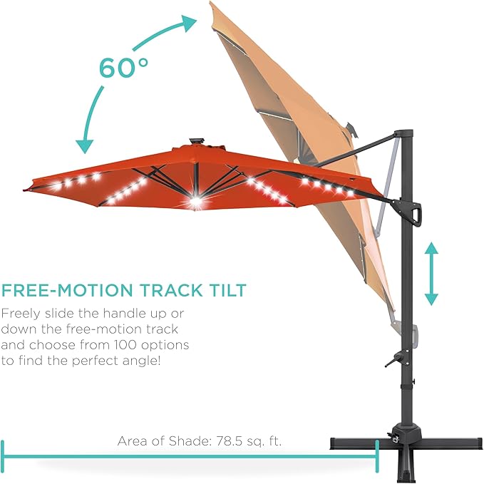 Best Choice Products 10ft Solar LED Cantilever Patio Umbrella, 360-Degree Rotation Hanging Offset Market Outdoor Sun Shade for Backyard, Deck, Poolside w/Lights, Easy Tilt, Cross Base