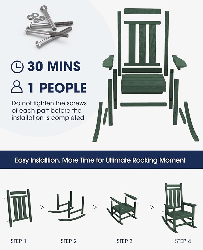 KINGYES Oversized Outdoor Rocking Chair Set of 2, All-Weather Patio Rocking Chairs for Porch, HDPE Outdoor Patio Rockers with High Back & Wide Seat for Garden, Lawn, Green