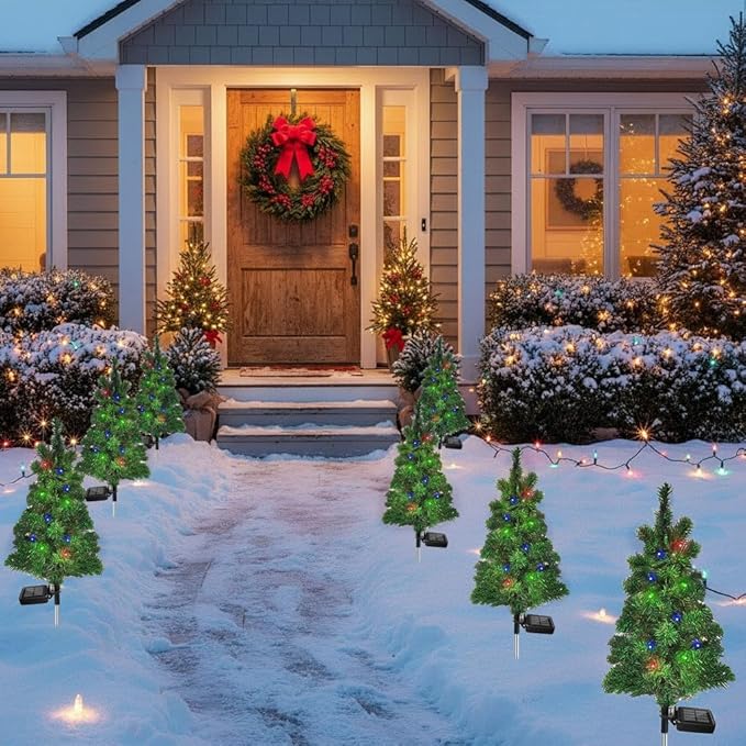 4PCS Solar Christmas Tree Garden Stake Lights Outdoor Waterproof Pathway Lights Xmas Tree Light for Lawn Patio Yard Front Porch Christmas Decor