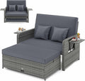 LDAILY Moccha Outdoor Daybed, Wicker Loveseat Sofa Set with 4-Postion Adjustable Backrest, Storage Ottoman, Cushions, Rattan Double Bed Lounger, Patio Furniture Set (Mixed Gray+Gray)