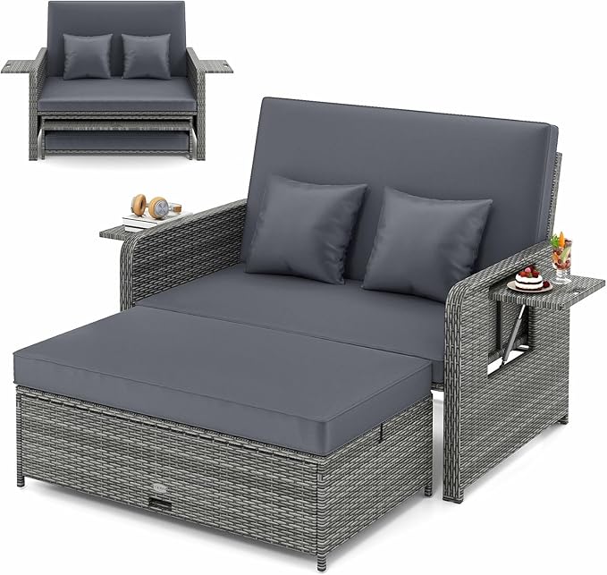 LDAILY Moccha Outdoor Daybed, Wicker Loveseat Sofa Set with 4-Postion Adjustable Backrest, Storage Ottoman, Cushions, Rattan Double Bed Lounger, Patio Furniture Set (Mixed Gray+Gray)
