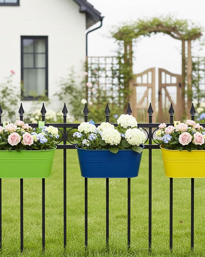Metal Railing Planter for Outdoor Plants - 3 Pack Balcony Hanging Planter Box with Detachable Hooks and Drain Holes Oval Hanging Pots Fence Planters for Railing Garden Fence, Green Yellow Blue