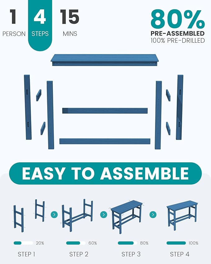 SERWALL 41" Outdoor Bar Table with 1.6" Umbrella Hole, HDPE Patio Bar Counter Height Table, All-Weather Rectangle Bar Table for Backyard, Garden, Poolside, Balcony - Blue