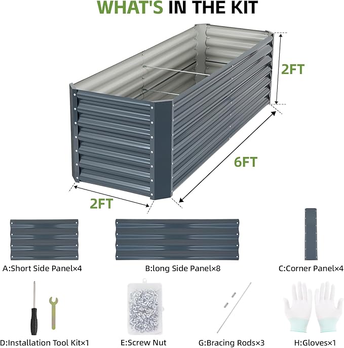 6x2x2ft Raised Garden Bed - Galvanized Deep Root Planter Boxes Outdoor with Wing Nuts and Safety Edges for Gardening Vegetables, Flowers, Herbs, Succulents - Gray