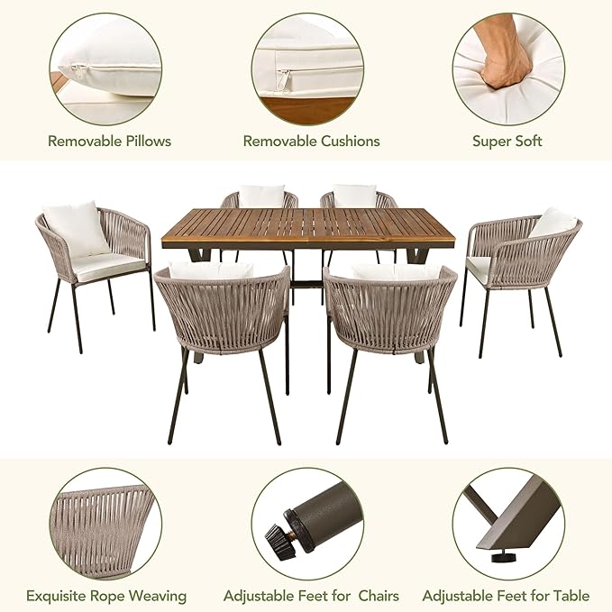 Merax 7 Pieces Patio Dining Table and Chairs, All-Weather Outdoor Furniture Set, Acacia Wood Tabletop, Metal Frame, for Garden, Backyard, Balcony, Beige