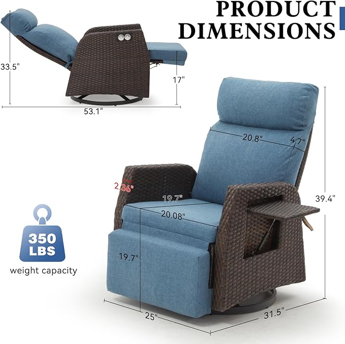 Adjustable Outdoor Recliner Chair with Independent Backrest & Footrest, Patio Swivel Recliner Chair, Wicker Reclining Patio Chair w/Flip-Up Table, Air Pump 155° Lay Flat Chaise Lounge, Blue