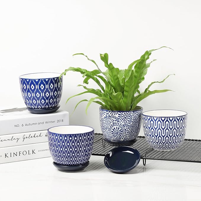 Selamica Ceramic Succulent Pots, 4.6 Inch Small Plant Pots with Drainage Holes & Saucers, Succulent Planters for Indoor Plants Cactus, Home Decor, Set of 6, Vintage Blue