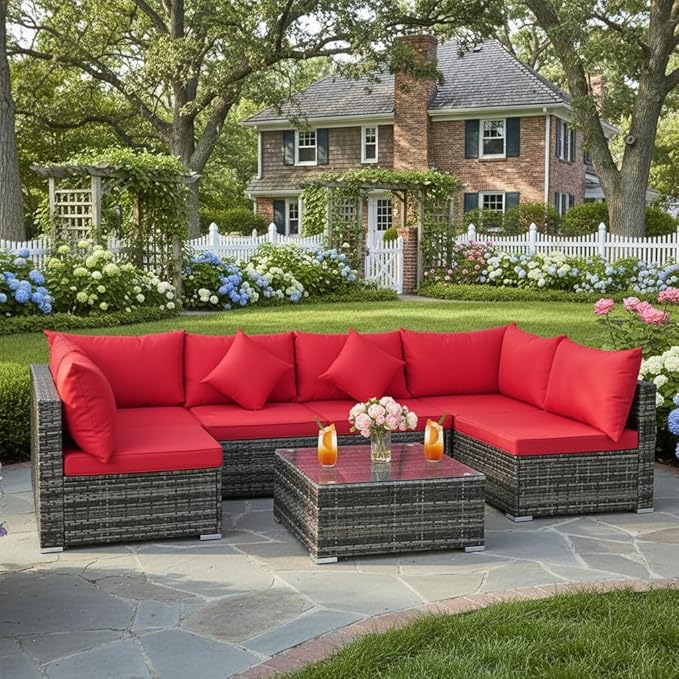 Tangkula 7 Pieces Wicker Patio Furniture Set, All-Weather Outdoor Rattan Sectional Sofa Set with Cushions & Tempered Glass Coffee Table, Outside Sofa Set for Garden, Lawn, Deck, Backyard (Red)