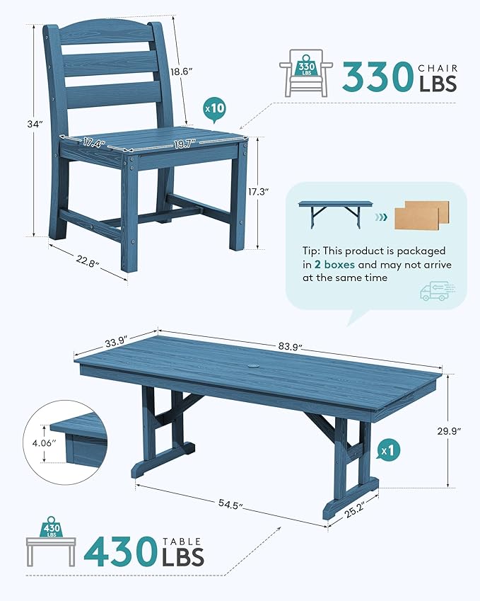SERWALL 11 Piece Outdoor Dining Set, 84" HDPE Outdoor Table and Chairs for 10，All Weather Patio Furniture Set with Umbrella Hole for Backyard, Garden, Blue