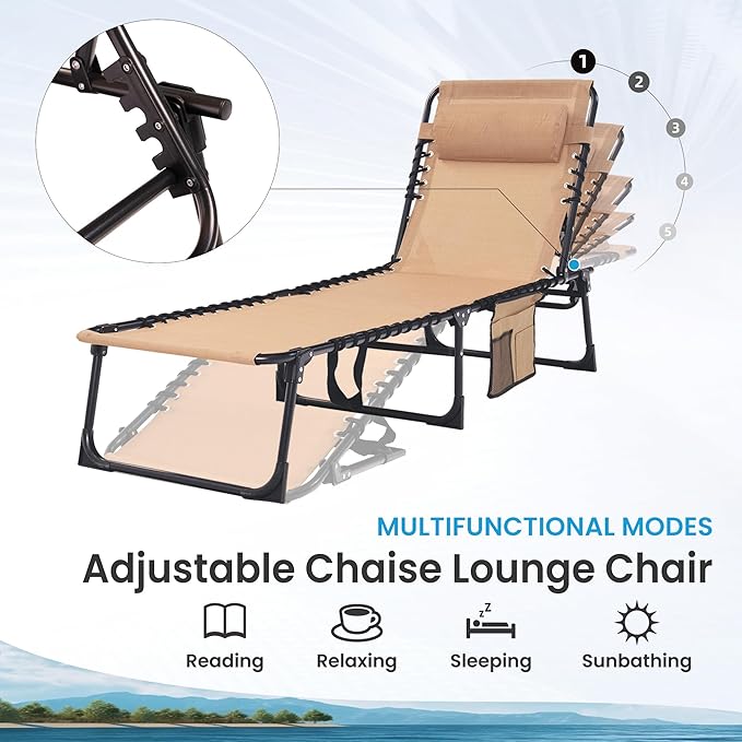 Folding Chaise Lounge Chair - 400lb Capacity, 5-Position Adjustable Recliner with Pillow | Portable for Patio, Pool, Camping & Sunbathing (Beige)
