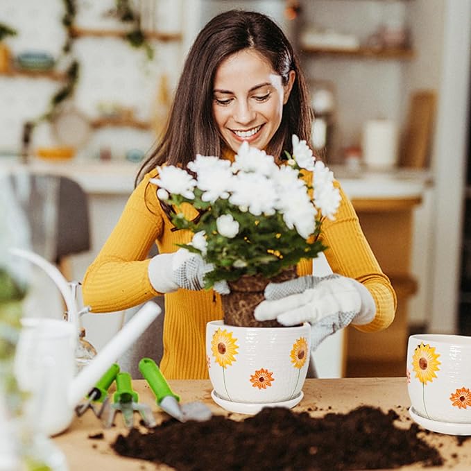 Ceramic Plant Pots Set of 3, 6.75/5.6/4.2 inch Planters with Drainage Holes and Saucer, Flower Pots Outdoor Indoor, Modern Decorative Planters for House Plants Garden Planters Succulent Pots