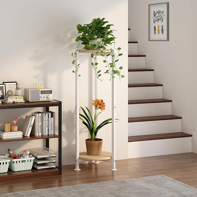 Plant Stand Indoor Corner Tall 2 Tier Metal Modern Flower Storage Plant Shelf Holder for Living Room Balcony Garden,White (2 Tier-White Round)