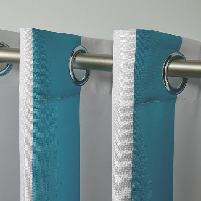 Exclusive Home Canopy Stripe Indoor/Outdoor Grommet Top Curtain Panel, 54"x84", Teal / White, Set of 2