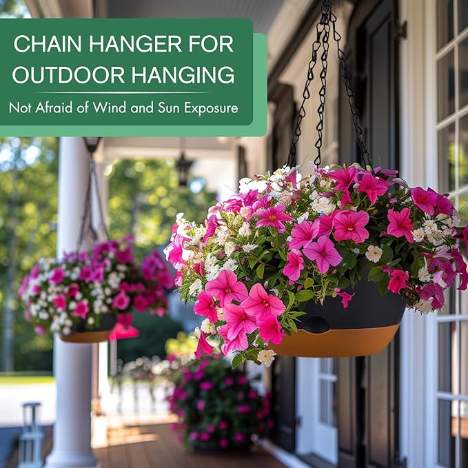3 Pack 8/10/12 Inch Hanging Planters for Indoor Plants with Self-Watering Includes Hanging Pots for Plants, Outdoor Hanging Flower Pots with Drainage, and 2 Types of Hanging Baskets Hangers (Black)