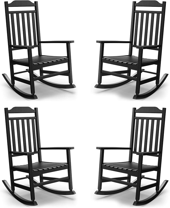Patio Rocking Chair Outdoor Set of 4,Weather Resistant Poly Resin Oversized Porch Rocker,High Back Smooth Design,350lb Weight Capacity,Indoor Outdoor Use(4, Black)