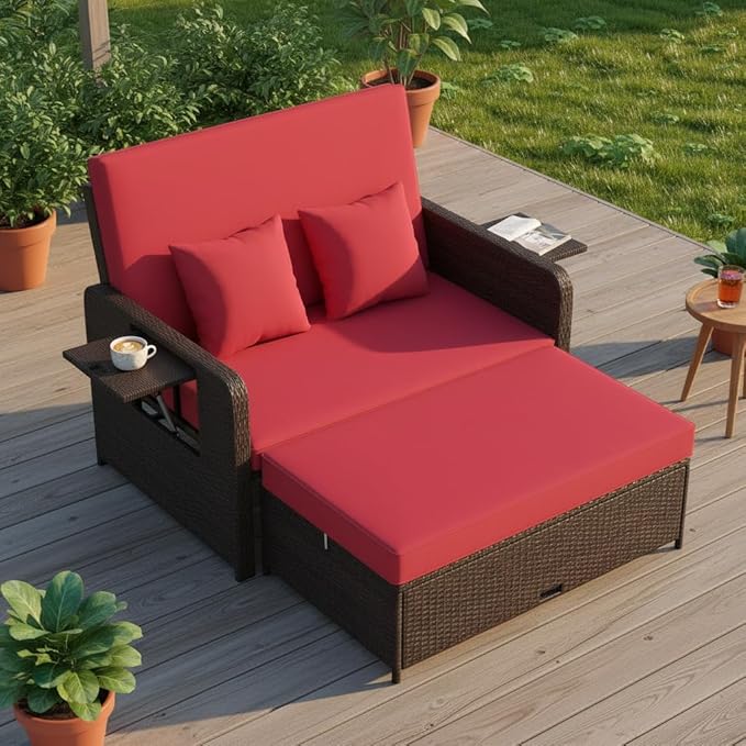 Tangkula Patio Rattan Daybed with 4-Level Adjustable Backrest, Outdoor PE Wicker Loveseat with Storage Ottoman & Folding Side Tray, Double Sunbed Lounger for Balcony, Backyard & Poolside, Red & Brown