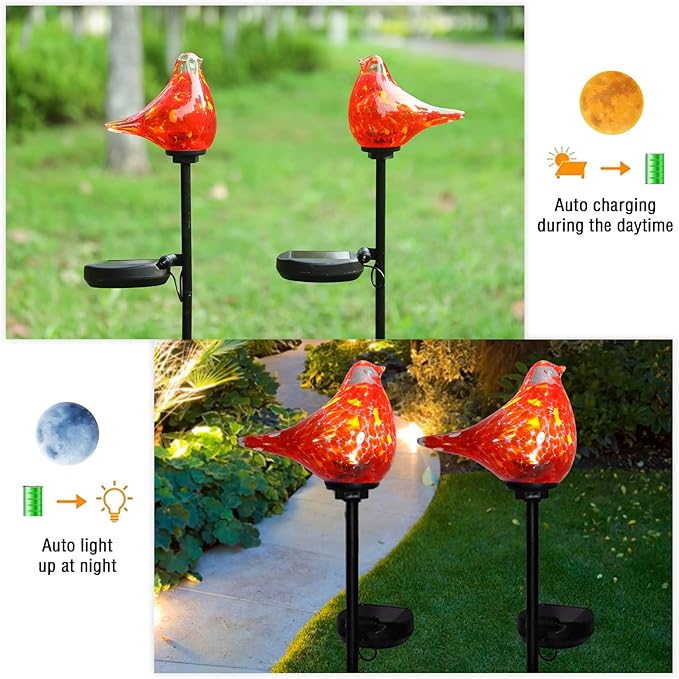 Bshine Solar Garden Decoration Outdoor Cardinal Lights, Hand Blown Glass Waterproof Solar Light Stake Red Cardinal Decorate Paths, Pathways, Lawns and Yards Art for Mom Gift, 2 Pack