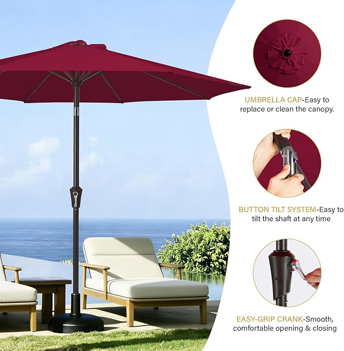 MEWAY 9ft Patio Umbrella Outdoor Table Umbrellas with Push Button Tilt and Crank, Market Umbrella 8 Sturdy Ribs for Deck, Garden, Pool and Backyard, Dark Red