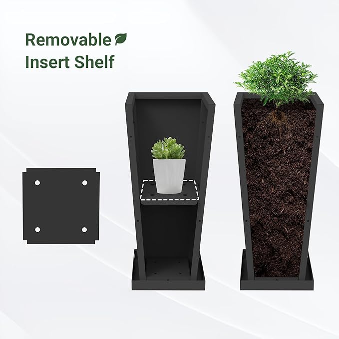Tall Outdoor Planters Set of 2, 24 inch Tall Planters for Outdoor and Indoor, Metal Tapered Pots with Drainage Holes & Insert Shelves & Trays for Porch, Garden, Patio, Yard