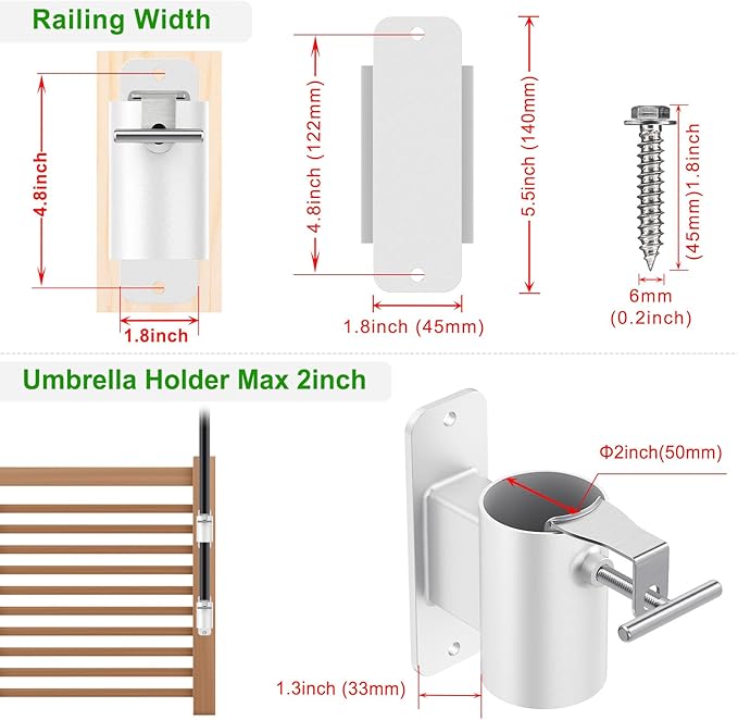 Heavy Duty Deck Railing Umbrella Holder, Patio Umbrella Stand for 1-2 Inch Poles, Space-Saving Design, Secure & Sturdy Post Flat Mount for Deck Railing, Balcony, Outdoor Courtyard, White