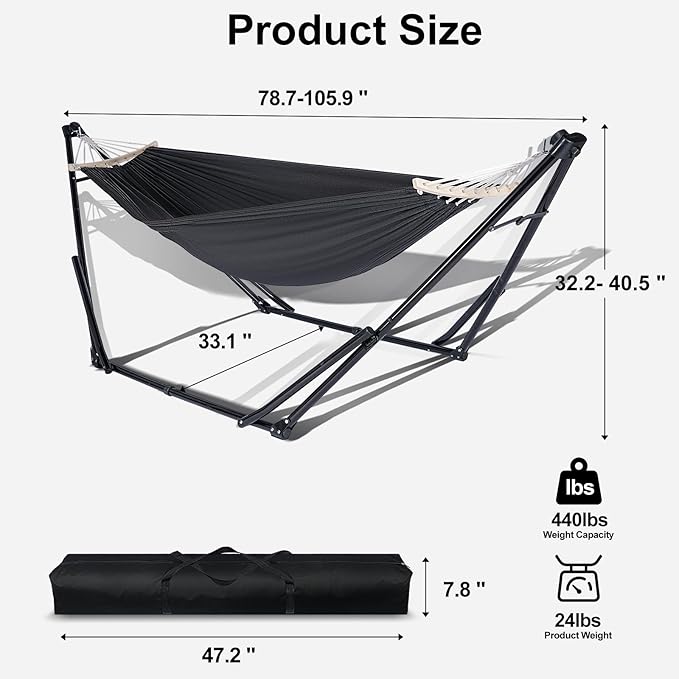 2-in-1 Hammock & Swing Chair for Teens – Adjustable Folding Chair with Collapsible Steel Stand, Portable for Camping, Travel, Patio & Indoor Use, Includes Carrying Case, Supports 440 LBS