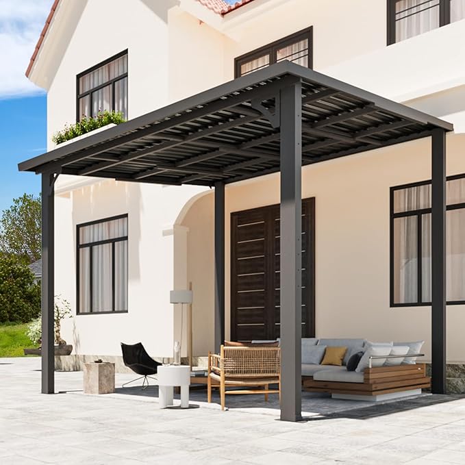 AECOJOY 10'x8' Pergola Hardtop Outdoor Gazebo for Patio, Small Heavy Duty Lean to Metal Pergolas and Gazebos Clearance, Wall-Mounted Grill Gazebo Galvanized Steel Patio Roof Awnings for Patio, Decks