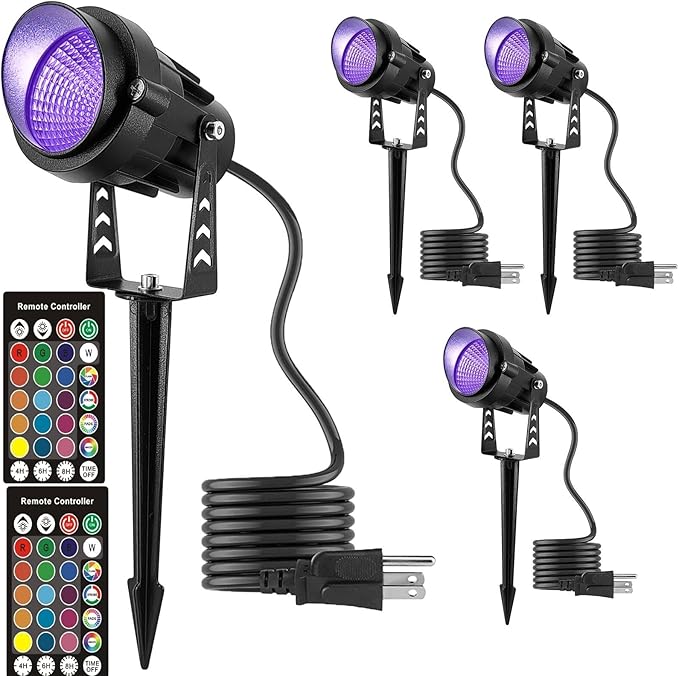 Christmas RGB Spot Lights, Outdoor Spotlights with Timer, 12W Metal Case IP65 Waterproof Color Changing Landscape Lights with Spike Stand for Garden Lawn House Tree (4 Lights)