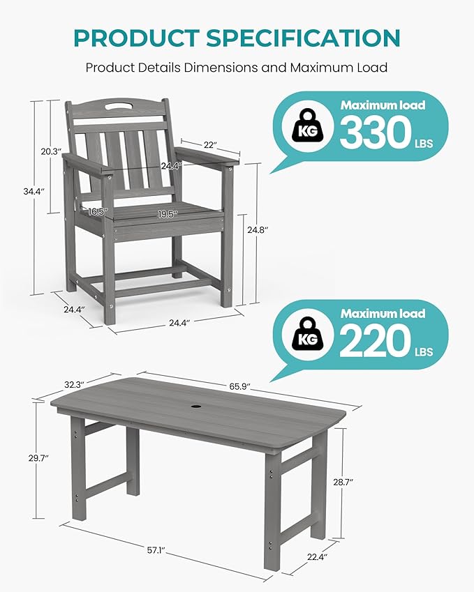 Outdoor Rectangle Dining Table, Heavy-Duty HDPE Table for 6, Weatherproof Patio Table with Umbrella Hole, Rounded Corners for Safety, Grey