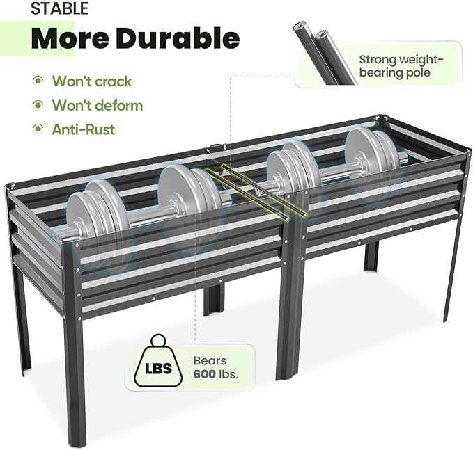 KING BIRD Raised Garden Bed with Irrigation System and Legs Galvanized Elevated Planter Box for Backyard, Patio, Balcony, 600lb Capacity, Dark Grey, 70.9x22.8x31.5 in
