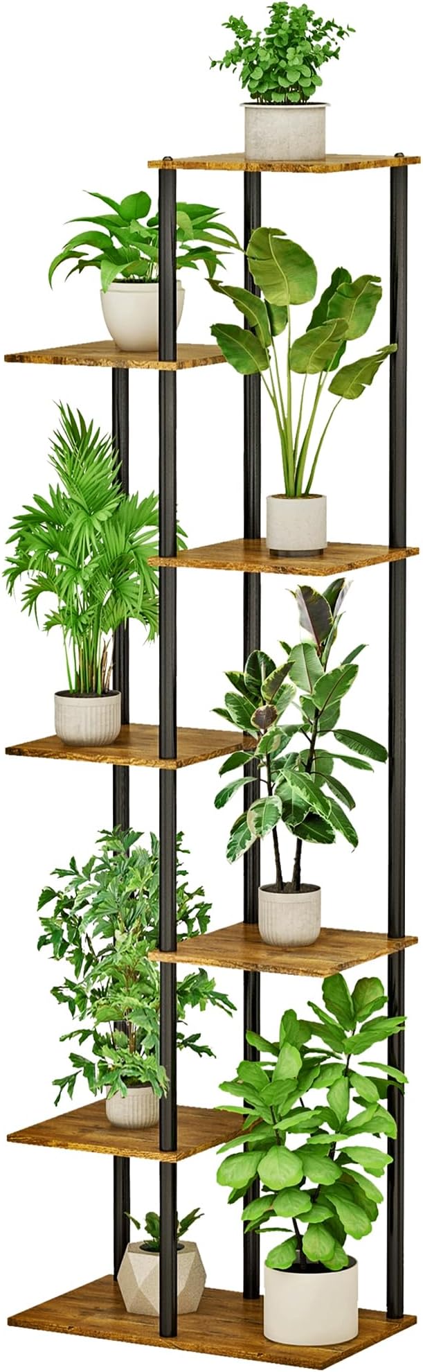 Plant Stand Indoor 7 Tier 8 Potted Metal Wood Plant Shelf, Multiple Flower Pots Corner Tall Plant Holder Stands for Living Room Balcony Bedroom, Rustic Brown