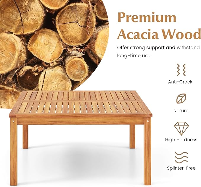 Tangkula Patio Wood Coffee Table, Solid Acacia Wood 35.5 Inches Side Table with Slatted Tabletop, Outdoor Square Table for Backyard, Porch, Balcony