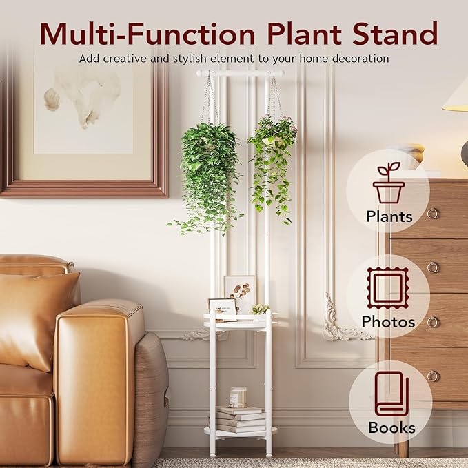 Plant Stand Indoor Outdoor - Heavy Duty Metal 2-tier Hanging Plant Holder Space-Saving Iron Plant Stands Tall Plant Shelf for Living Room Garden Balcony (White)