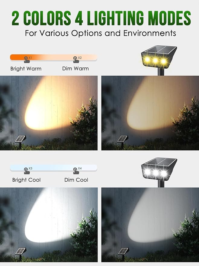 Solar spot Lights Outdoor IP65 Waterproof Solar spotlights 3 Lighting Modes Tree Lights for Outdoor Yard Garden Auto On/Off Wall Lights for Walkway Driveway Garage 6 Pack (Warm White