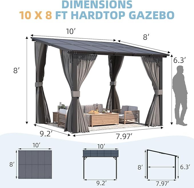 AECOJOY 10' X 8' Gazebo for Patio, Small Wall-Mounted Lean to Gazebo Pergola with Curtains and Netting, 8x10 Hard Top Pergolas and Gazebos on Clearance for Lawn Backyard Garden Deck