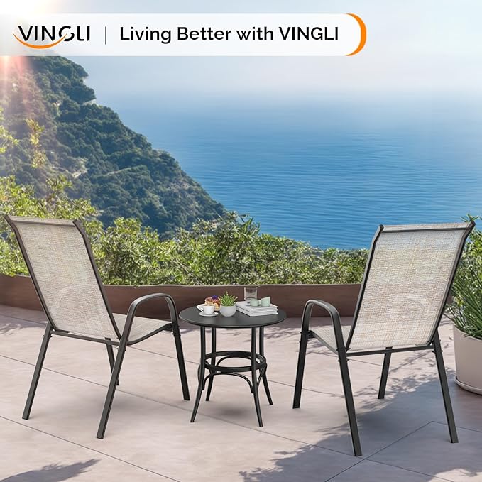 VINGLI Patio Chairs Set of 2 – Stackable Outdoor Dining Chairs with Comfortable Sling High Back Chairs and Armrests for Lawn, Poolside, Courtyard, Balcony, Garden, Yellow