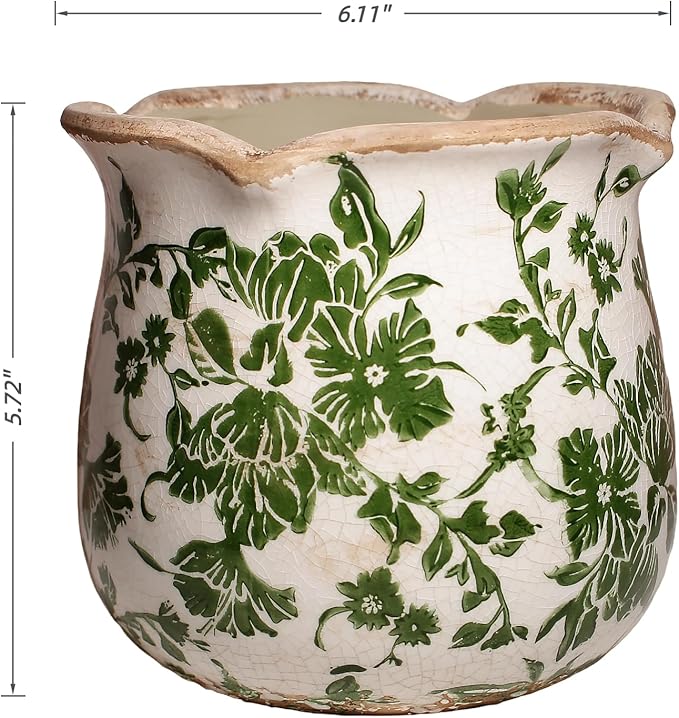Tuscan Ceramic Plant Pots, 6.11 Inch Vintage Planters with Drainage Hole for Indoor Plants, Farmhouse Green Scroll Vase & Flower Pots, Home Kitchen Garden Decor, Plant Lover Gifts