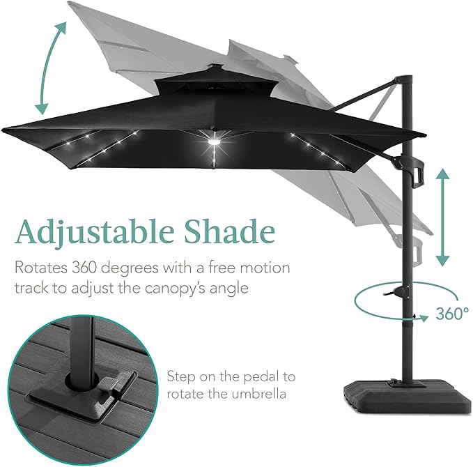 Best Choice Products 10x10ft Cantilever Patio Umbrella w/Base Included, Solar LED Lights 360 Rotation Large Offset Hanging Outdoor Shade for Deck Pool Backyard w/Stand – Black
