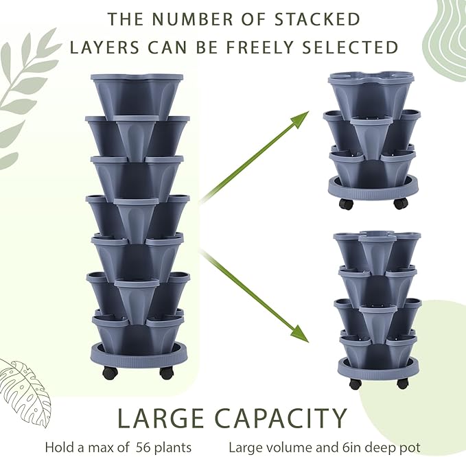 Umigy 2 Set of 7 Tier Vertical Planter Stackable Tower Planters Strawberry Herb Flower and Vegetable Pots Indoor Outdoor Gardening Pots with Removable Wheels and Tools(Dark Gray)