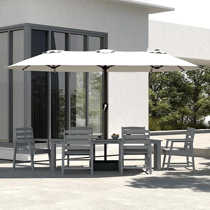 5-Piece Black Outdoor Dining Set with White 11FT Large Patio Umbrella, 75.2'' HDPE Table & Chairs for 8, Weather-Resistant Furniture with Umbrella Hole for Patio, Lawn, Poolside