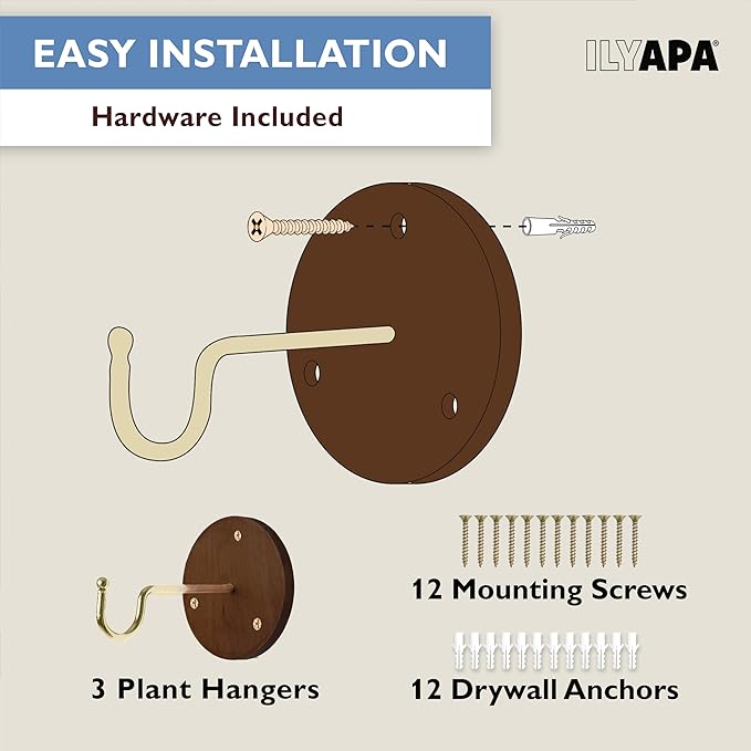 Ilyapa 3 Pack Metal Wall Plant Hangers - 5 Inch Plant Hanger for Indoor - Rustic Brass Finish Hooks for Hanging Plants, Baskets, and Macrame - Indoor Hangers for Plants, Lanterns or Wind Chimes