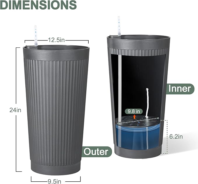 24" Large Planter Set of 2, Self Watering Tall Plastic Planters for Outdoor Plants, Modern Flower Pots Planter Outdoor for Patio, Front Door Decor, with Drainage (Gray Ribbed)