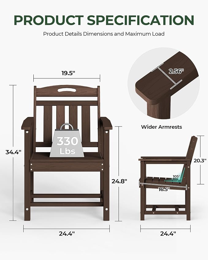 Set of 2 Weatherproof Patio Chairs - HDPE Outdoor Dining Chairs with Wide Seat, Ergonomic Design - for Garden, Backyard, Deck - Brown