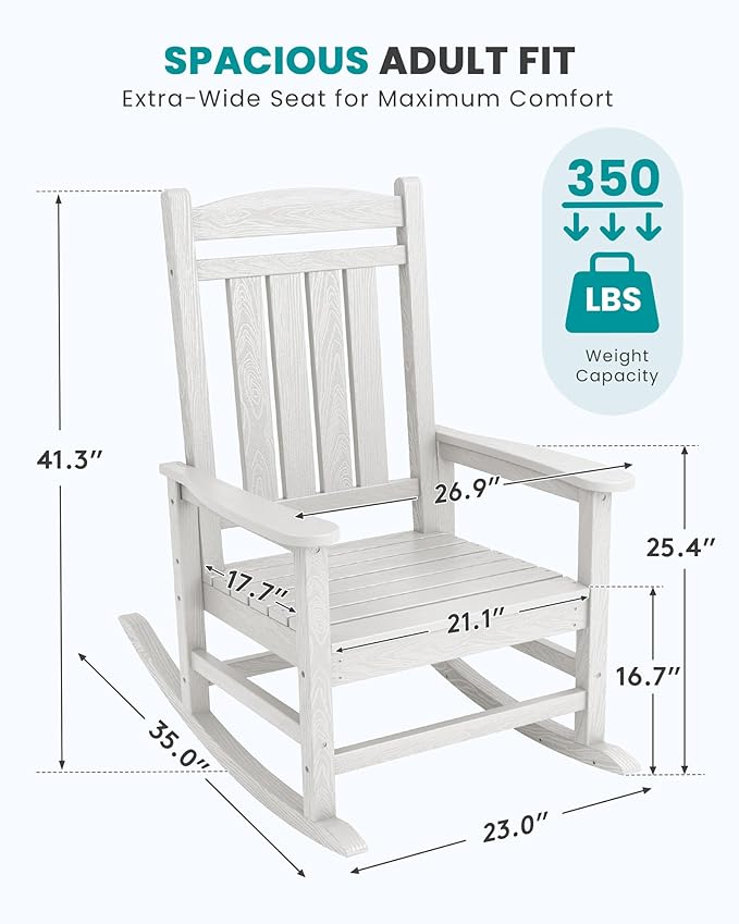 SERWALL Oversized Outdoor Rocking Chair, All-Weather Patio Rocking Chair, HDPE Porch Rocker for Adults, White