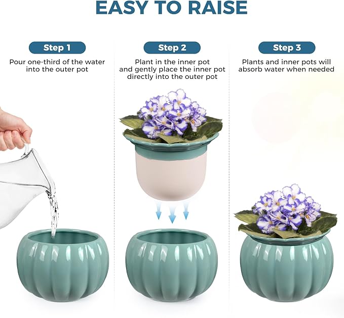 BUYMAX African Violet Pots, 6 inch Pumpkin-Style Ceramic Easy Self Watering Plant Pot for Busy Plant Lovers, Automatically Absorb Appropriate Amount of Water, Flower Pot Indoor-Plants Not Included