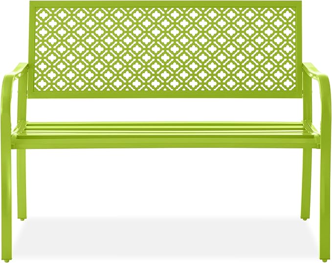 Best Choice Products Outdoor Bench 2-Person Metal Steel Benches Furniture for Garden, Patio, Porch, Entryway w/Geometric Backrest, 790lb Capacity - Lime Green