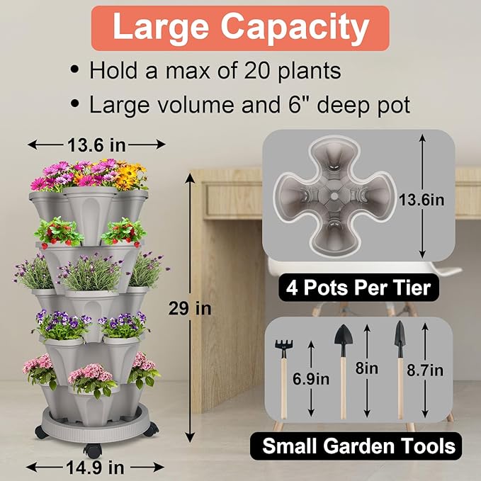 GameXcel Vertical Planter 5 Tier Stackable Planters Garden Planters Strawberry Herb Flower and Vegetable Planter Indoor Outdoor Gardening Pots with Removable Wheels and Tools 2-Pack