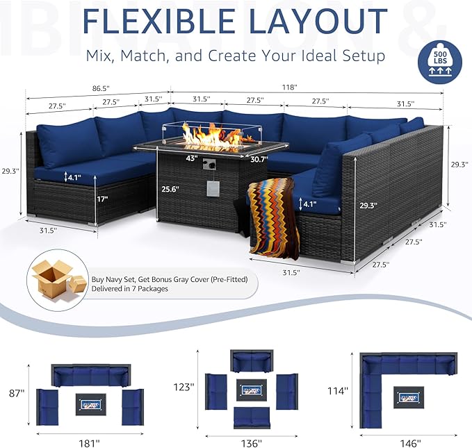 NICESOUL Extra Large 9 Pcs Outdoor Patio Furniture Set with Fireplace Natural Gas/Propane, 29.3'' High Back Modular Sectional Sofas, Modern Conversations for Outside, 2 Color Cushion Royal Blue &Grey