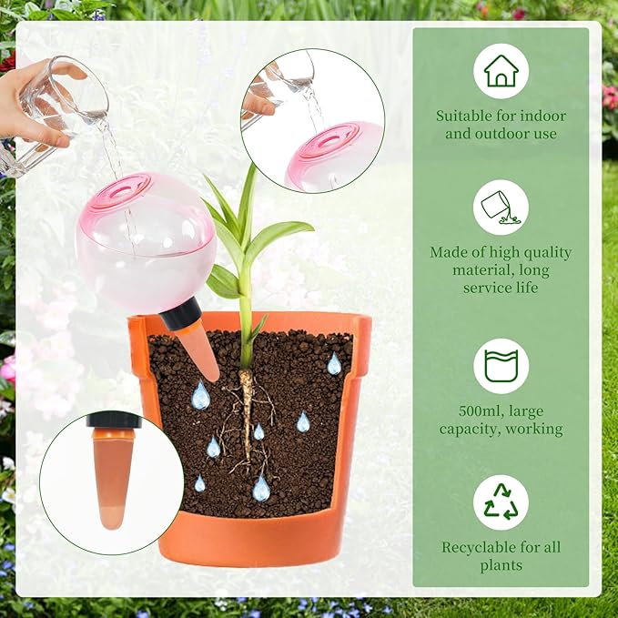 3pcs Large Plant Self Watering Globes, 17.5 oz Plastic Water Bulbs Top Fill, Plant Watering Devices System Slow Release Terracotta, Water Spikes Stakes for Indoor(3pack)