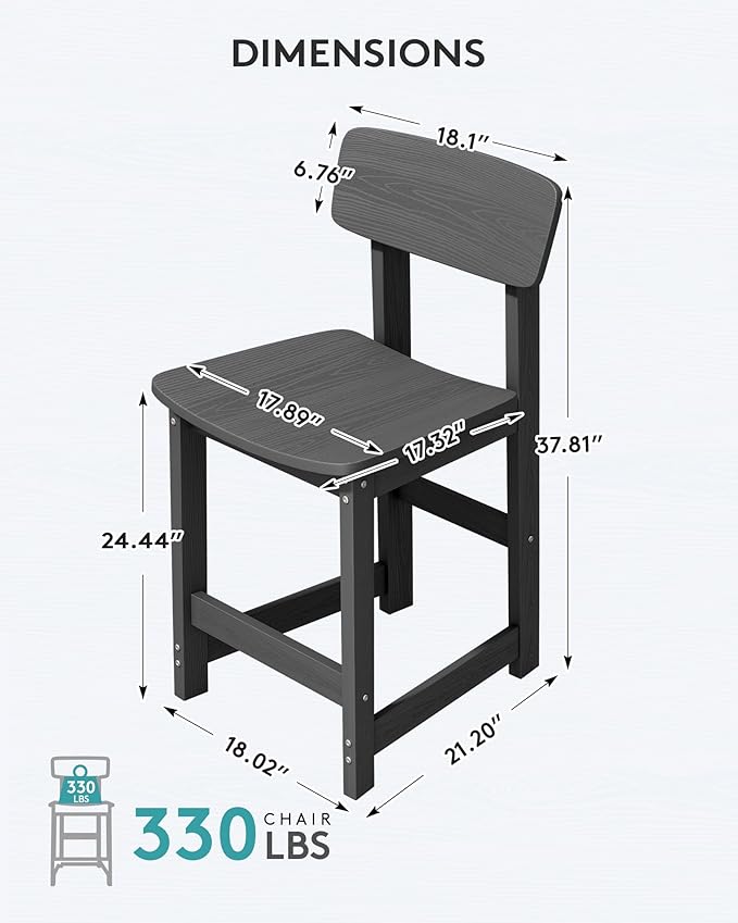 SERWALL Outdoor Bar Stools Set of 2, All Weather HDPE 25" Counter Height Bar Stools with Back, Outdoor Armless Barstools for Patio, Garden, Backyard, Balcony, Poolside, Gray