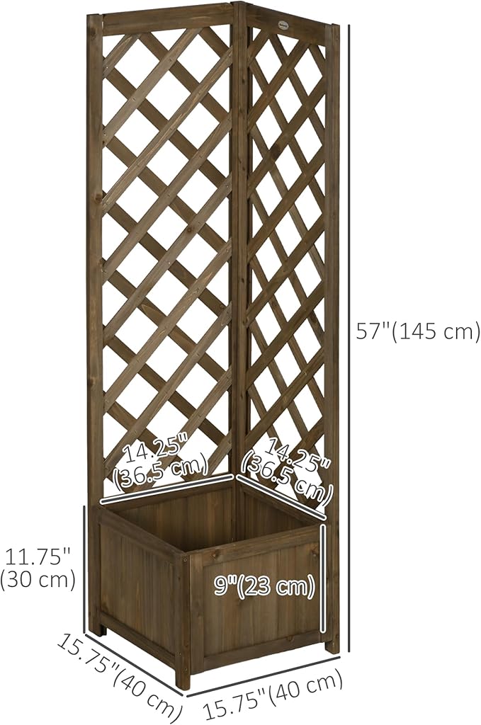 Outsunny Wooden Raised Garden Bed with Trellis, 57" Freestanding Corner Planter Box for Vine Plants Flowers Climbing and Planting Carbonized